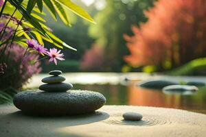 zen stones and flowers in the garden. AI-Generated photo