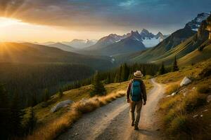 a man with a backpack walks down a dirt road in the mountains. AI-Generated photo