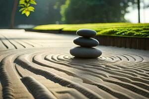 a zen garden with stones and grass. AI-Generated photo