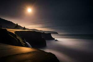 a long exposure photograph of the moon over the ocean. AI-Generated photo