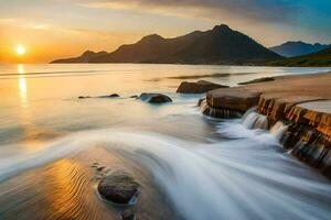 a beautiful sunset over the ocean with waves crashing into rocks. AI-Generated photo