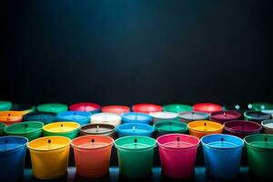 many colorful cups are lined up in a row. AI-Generated photo