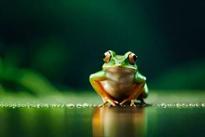 a frog sitting on the water surface with green leaves. AI-Generated photo