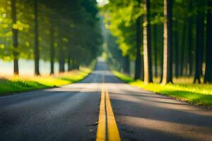 un largo la carretera con arboles recubrimiento ambos lados generado por ai foto