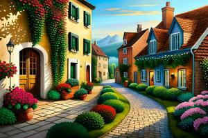 a painting of a street with flowers and houses. AI-Generated photo