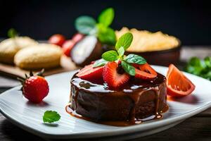 the chocolate cake with strawberries and mint leaves is served on a white plate. AI-Generated photo