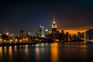 the city skyline at night with the lights reflecting off the water. AI-Generated photo