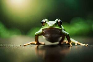 a frog is sitting on a table with a green background. AI-Generated photo