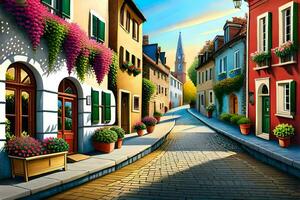 an illustration of a street in a european city. AI-Generated photo