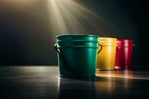 three colorful buckets on a dark table. AI-Generated photo