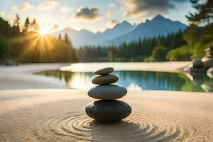 stacked stones in the sand by a lake. AI-Generated photo