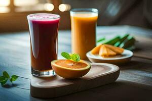 two glasses of juice sit on a wooden table. AI-Generated photo