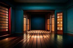 an empty room with wooden floors and blue walls. AI-Generated photo