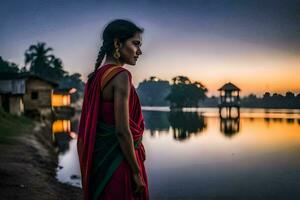 a woman in a red sari stands by the water at sunset. AI-Generated photo