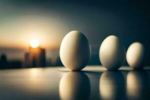 three eggs are standing in front of a city skyline. AI-Generated photo