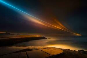 a long exposure photograph of a long line of light streaks over the ocean. AI-Generated photo