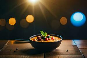 a bowl of soup on a wooden table with a bright light in the background. AI-Generated photo