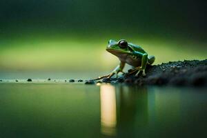 a frog sitting on the edge of a pond. AI-Generated photo