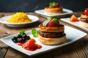 three small plates with food on them. AI-Generated photo