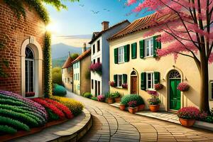 a painting of a street with flowers and trees. AI-Generated photo