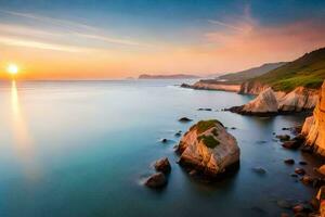 el Dom sube terminado el Oceano y rocas en el primer plano. generado por ai foto