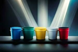 five colorful plastic cups lined up on a table. AI-Generated photo