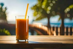 a glass of orange juice on a table in front of the ocean. AI-Generated photo