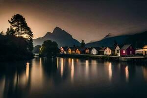 un río y casas en el montañas a oscuridad. generado por ai foto