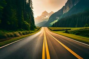 a road in the mountains with trees and mountains in the background. AI-Generated photo