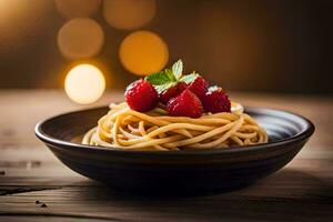 spaghetti with raspberries on a wooden table. AI-Generated photo