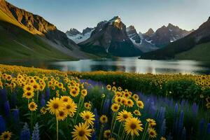 the sunflowers are blooming in front of a lake and mountains. AI-Generated photo