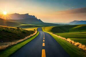 el Dom sube terminado un la carretera en el medio de un verde campo. generado por ai foto