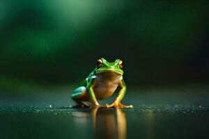 a frog sitting on the ground with a green background. AI-Generated photo