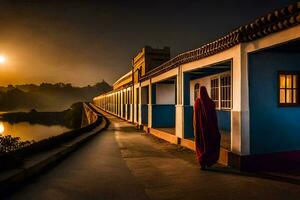 a woman in red robes walks along a path at sunset. AI-Generated photo