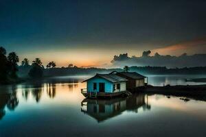 a small house sits on the shore of a river at sunset. AI-Generated photo