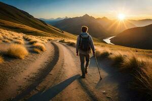 un hombre con un mochila caminando en un suciedad la carretera en el montañas. generado por ai foto