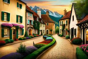 a painting of a street in a village with flowers. AI-Generated photo