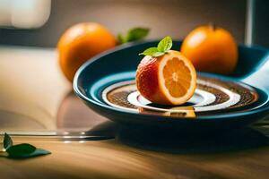 un plato con un naranja y un hoja en él. generado por ai foto