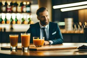 a man in a suit sitting at a bar with two glasses of orange juice. AI-Generated photo