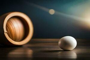 a white ball sits next to a wooden bowl. AI-Generated photo