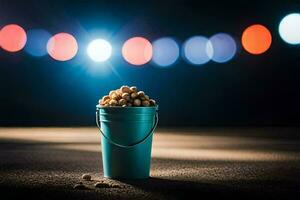 a bucket of peanuts on the ground with lights in the background. AI-Generated photo