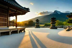 a japanese garden with stone pillars and a mountain in the background. AI-Generated photo