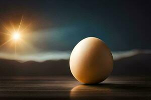 an egg on a table with the sun in the background. AI-Generated photo