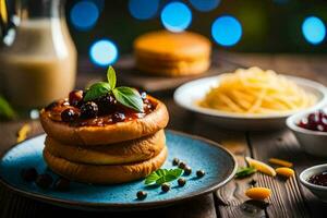 a stack of pancakes with cranberries and cheese on a blue plate. AI-Generated photo