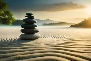 stacked stones in the sand at sunrise. AI-Generated photo