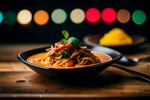 un cuenco de tallarines con carne y vegetales en un de madera mesa. generado por ai foto