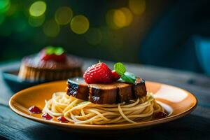 spaghetti with meat and berries on a wooden table. AI-Generated photo