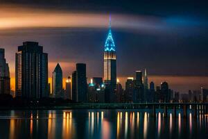 el ciudad horizonte es iluminado arriba a noche con un azul cielo. generado por ai foto