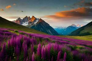 the mountains are covered in purple flowers and the sun is setting over the mountains. AI-Generated photo