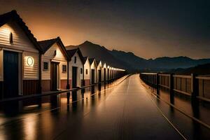 a row of beach huts at sunset. AI-Generated photo